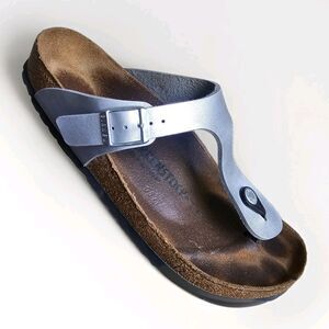 Birkenstock Gizeh Silver Leather Thong Sandals Size 40